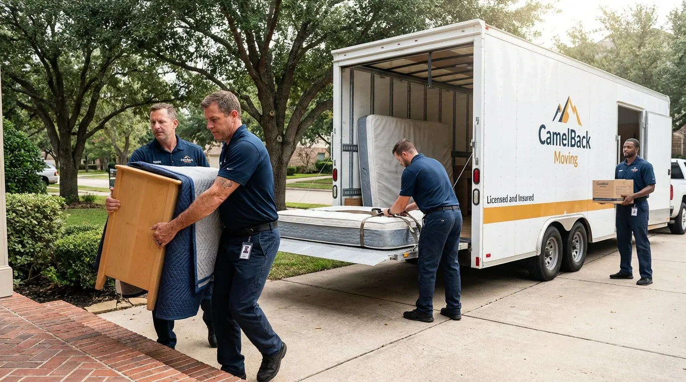 Crew loading residential truck for cross-state move from La Monte, MO