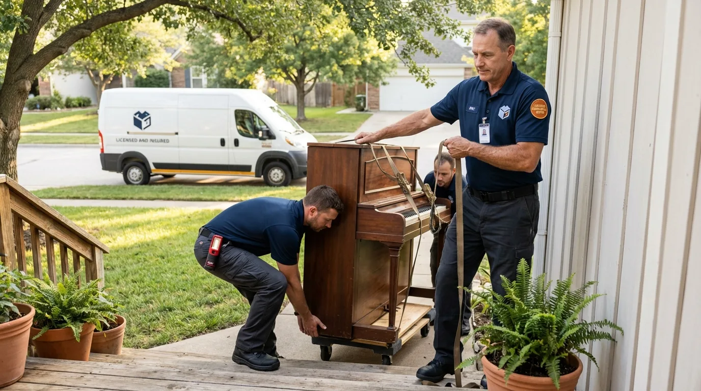 Licensed piano movers securing grand piano in La Monte, MO