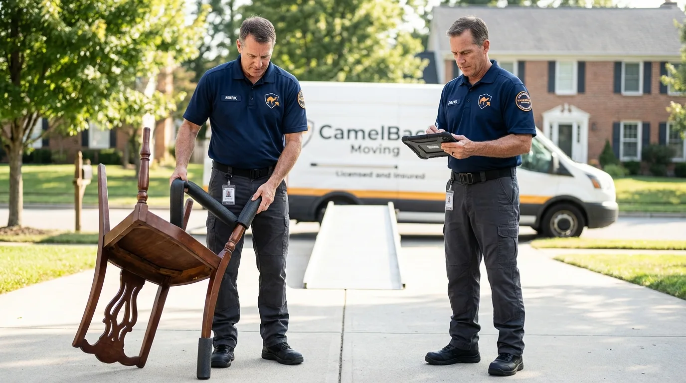 Movers inspecting furniture for damage prevention before loading in La Monte, MO