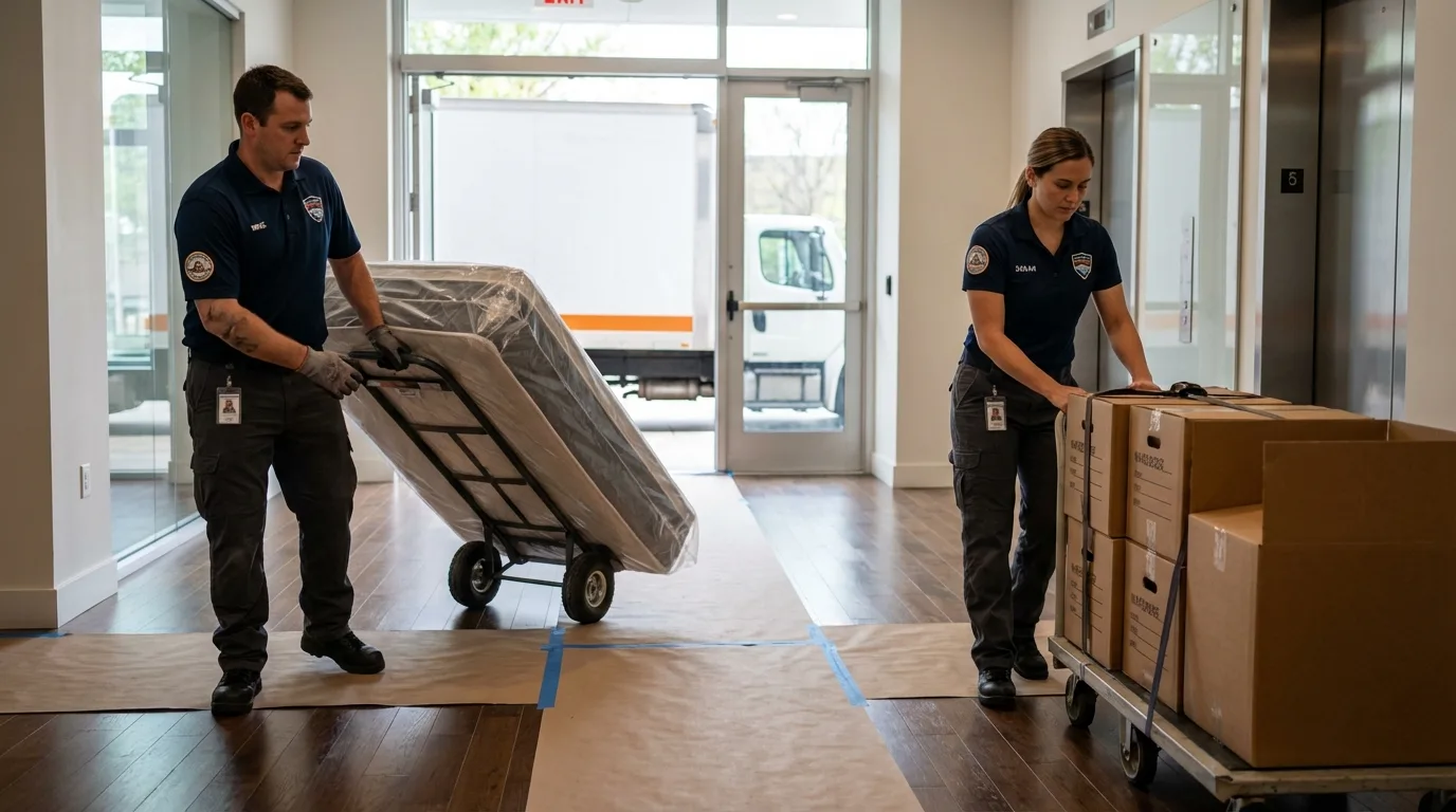 Professional apartment movers loading elevator in La Monte, MO