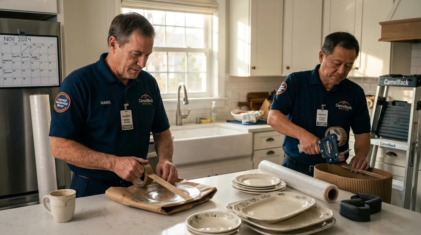 Professional crew packing kitchen dishware in La Monte, MO